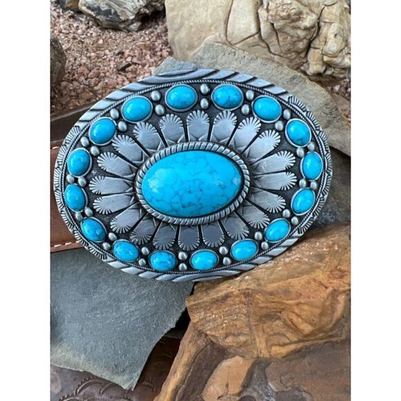TURQUOISE LARGE  CONCHO T-bird  WESTERN SILVER BELT ADJUSTABLE BUCKLE MEN WOMEN - Picture 1 of 11